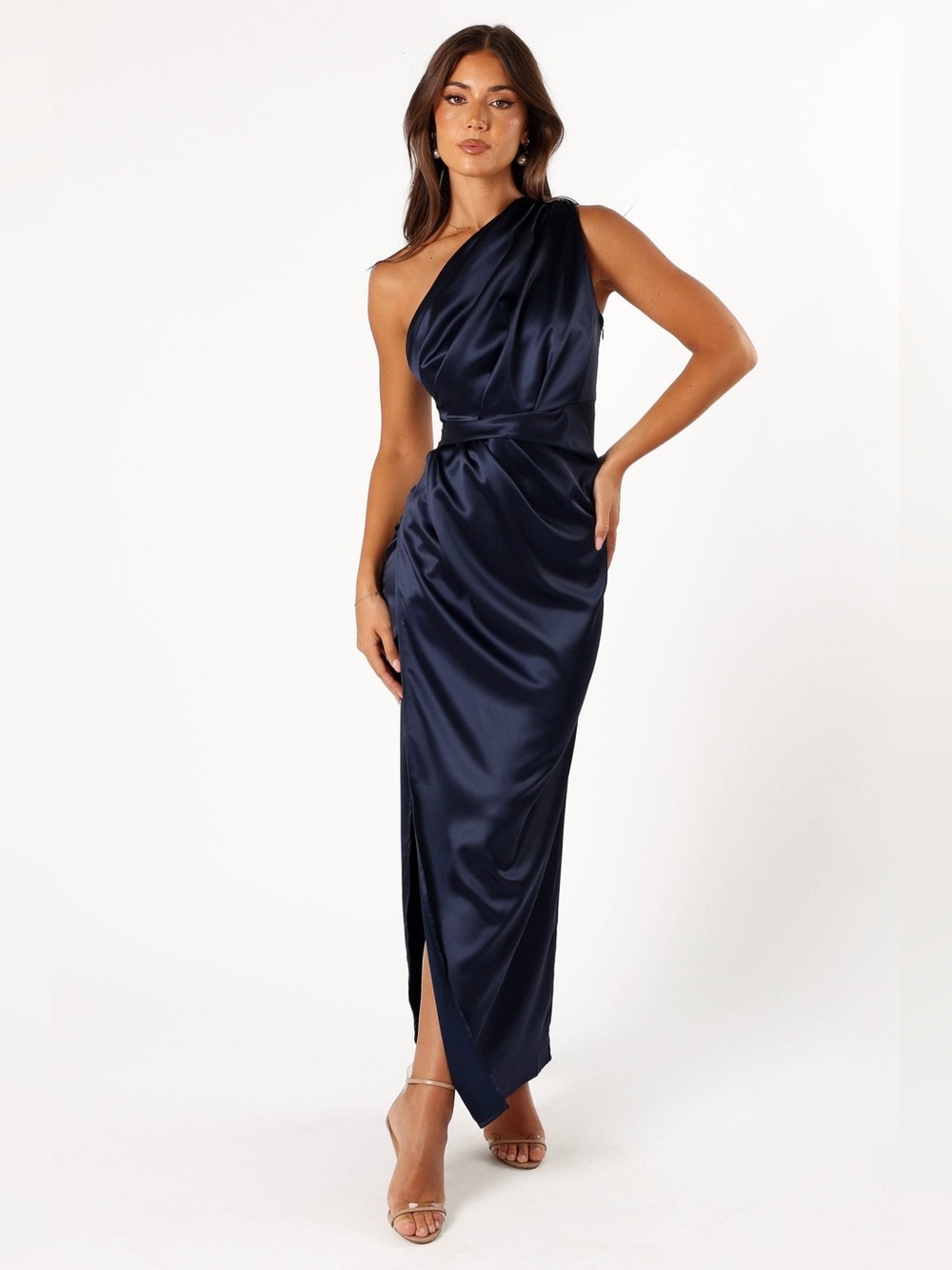 Petal‎ & Pup Nadia One Shoulder Satin Maxi Dress Size 8 Navy Blue NWOT
